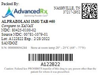 Alprazolam 1mg Tab Qty 60 Ndc 80425 0100
